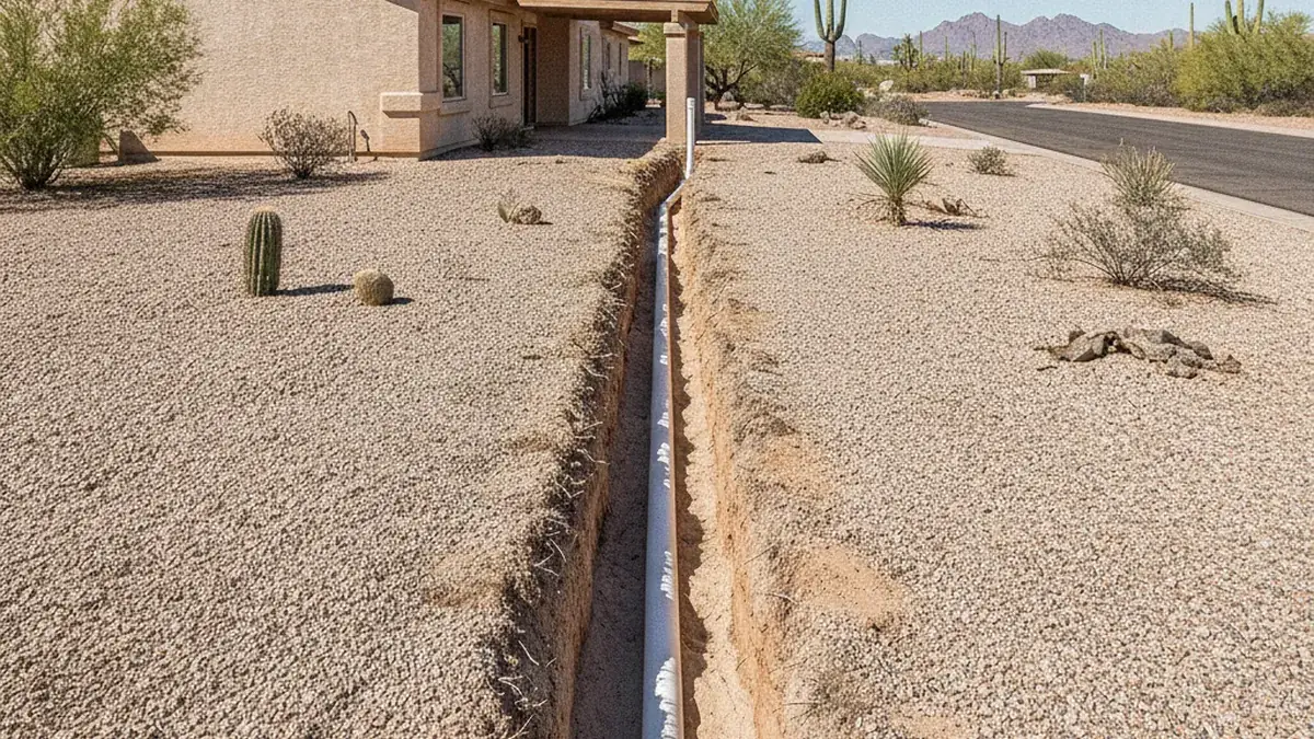Long trench in a desert front yard with a new PVC sewer line laid from the house toward the street