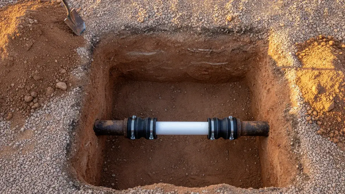Excavated pit in a gravel yard showing a new PVC section joined into an old sewer pipe with no-hub couplings